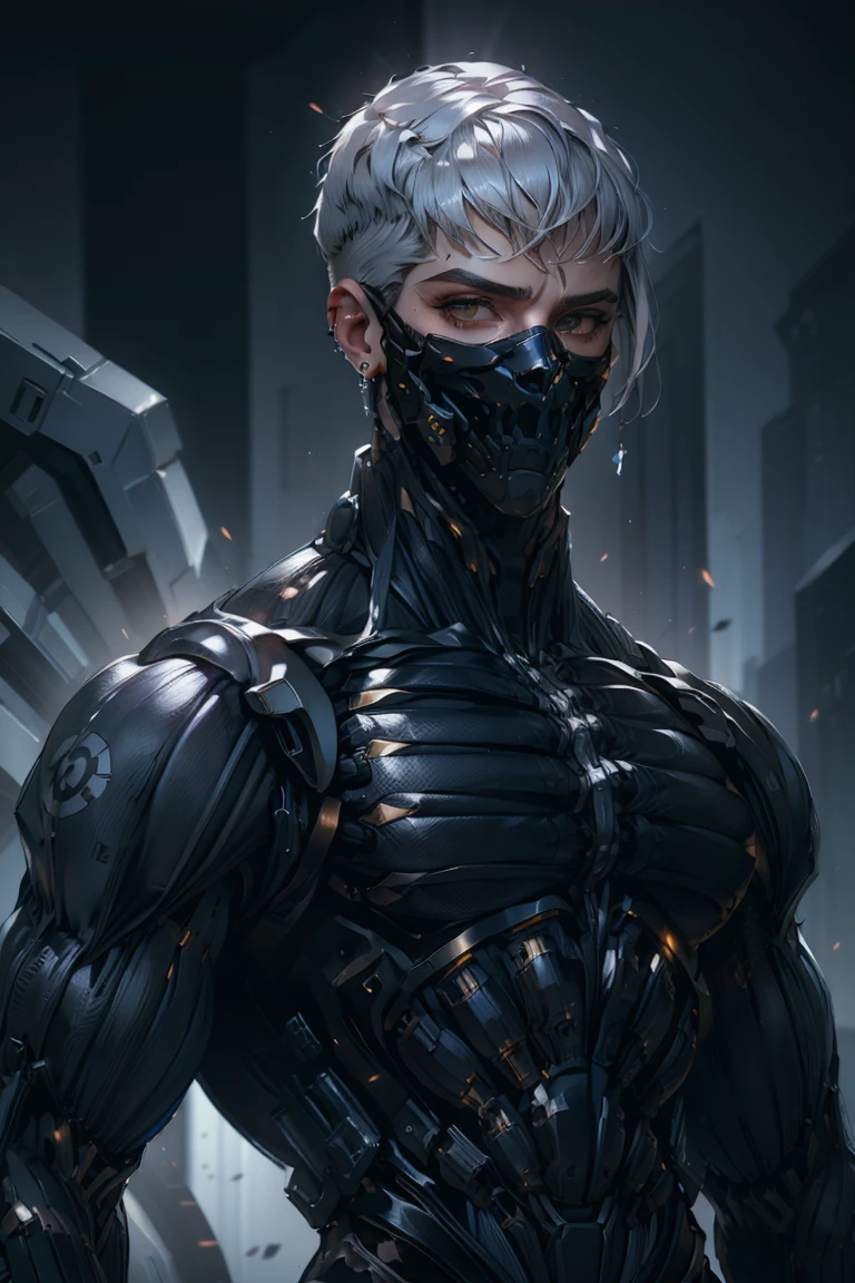 {Best Quality, 8k, Masterpiece}, (Realistic), [[Male]], [[White Hair]], ((Middle Part Haircut)), (Earrings), (Mask)