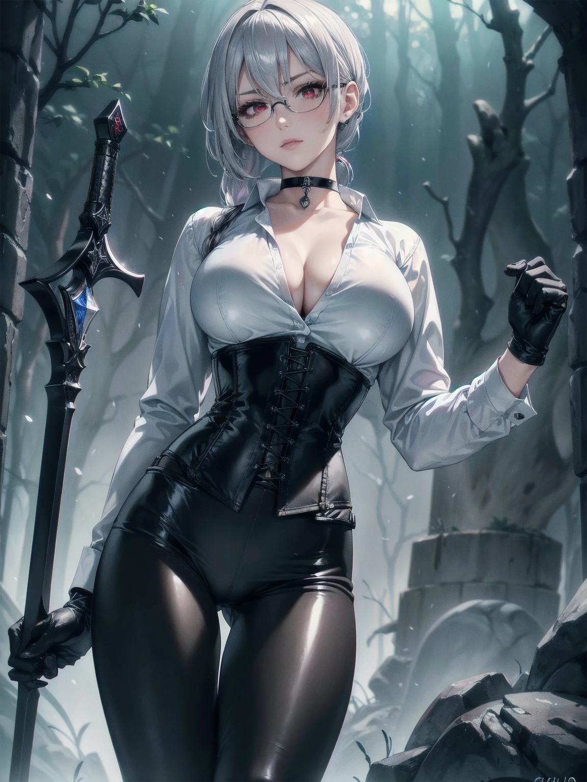 masterpiece, Superior image quality, High resolution, 4k image,photo and gross, photorealistic, whole body, 1 girl, standing, big breasts, {{{vagina}}}, beautiful face, Silver hair short ponytail, Red eyes, very detailed eyes, serious expression, Glasses, choker:1.6, (white collar button down long sleeve shirt), black gloves, gloves that cover hands, holding a medieval sword with his hand, (black leather corset), (shiny black leggings), Sensual Lips, show details in the eyes, View from the front, looking at the viewer, Dark forest, fog, at night