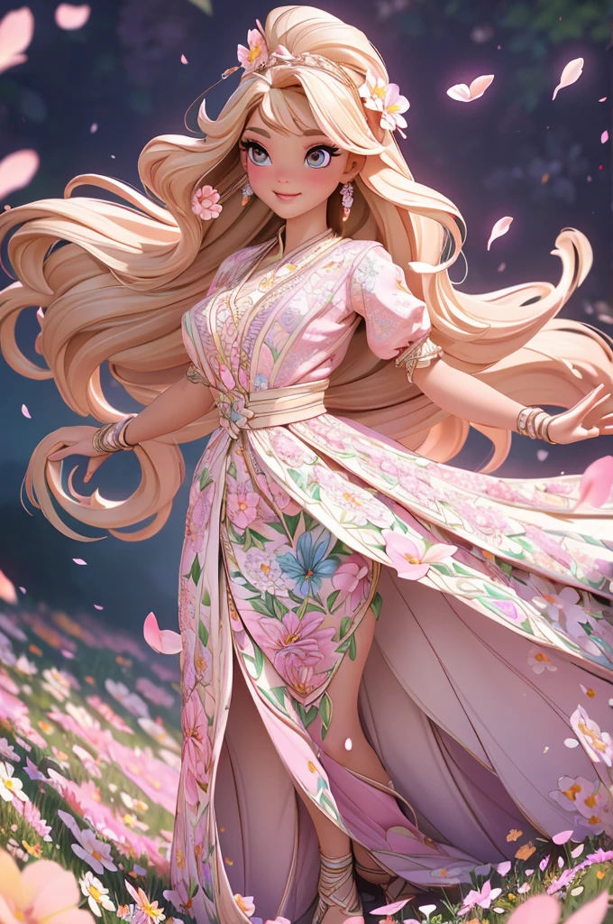 Princess Barbie in cute light pink dress, hires, extremely detaild, detailed back ground, diffuse natural lighting, (field of flowers, flower petals, surrounded by flowers:1.4), (Zentangle, Fractal Art:1.3), (many colors, colorfully:1.1), Facial Focus), seducer, wind blown, aretes, Wear delicate exotic clothes, ((full body shot shot)), 精致的面容, Caucasian skin, Delicate facial features, perfect facial features, delicate hair portrait, delicate representation of the eyes, 8K image quality, a sense of atmosphere, highest  quality, Masterpiece artwork, extreme detail, high resolution, blurry foreground, foreshortening, Luminism, cinematic lighting, wide plan, work of art, retinas, texturized skin, anatomically correcte, best qualityer, awardwinning
