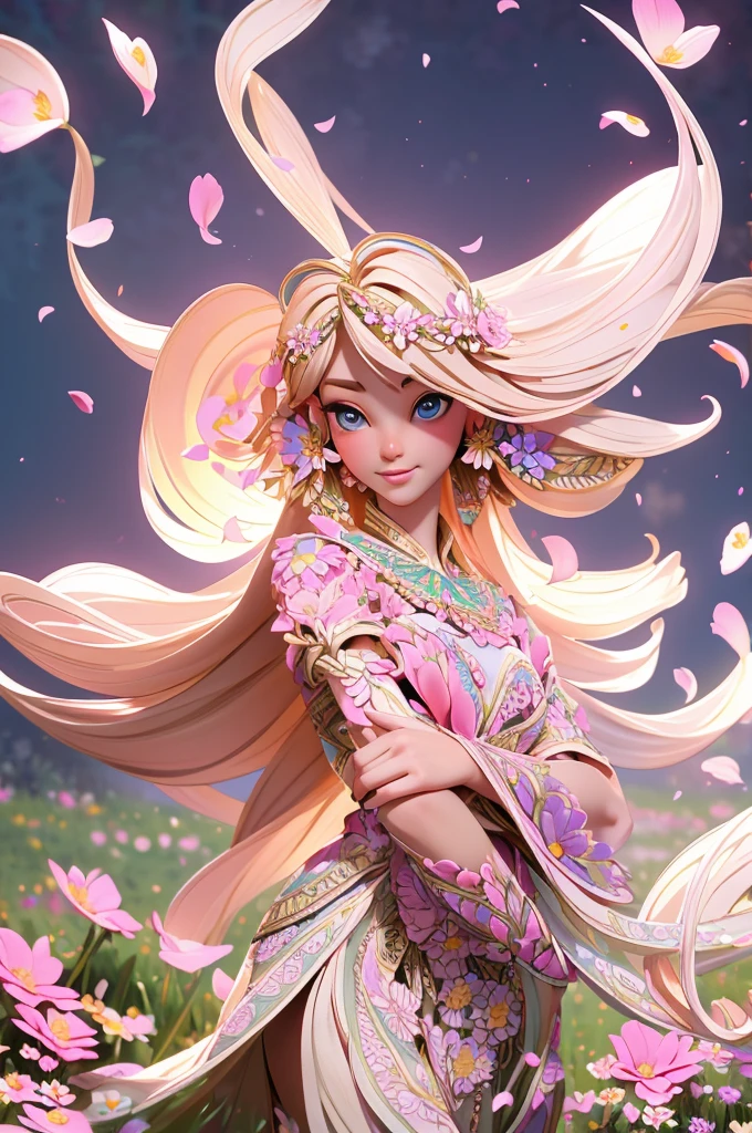 Princess Barbie in cute light pink dress, hires, extremely detaild, detailed back ground, diffuse natural lighting, (field of flowers, flower petals, surrounded by flowers:1.4), (Zentangle, Fractal Art:1.3), (many colors, colorfully:1.1), Facial Focus), seducer, wind blown, aretes, Wear delicate exotic clothes, ((full body shot shot)), 精致的面容, Caucasian skin, Delicate facial features, perfect facial features, delicate hair portrait, delicate representation of the eyes, 8K image quality, a sense of atmosphere, highest  quality, Masterpiece artwork, extreme detail, high resolution, blurry foreground, foreshortening, Luminism, cinematic lighting, wide plan, work of art, retinas, texturized skin, anatomically correcte, best qualityer, awardwinning
