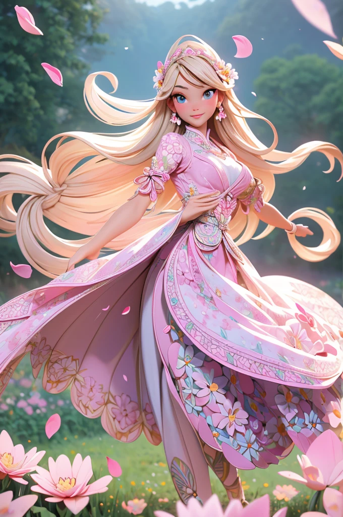 Princess Barbie in cute light pink dress, hires, extremely detaild, detailed back ground, diffuse natural lighting, (field of flowers, flower petals, surrounded by flowers:1.4), (Zentangle, Fractal Art:1.3), (many colors, colorfully:1.1), Facial Focus), seducer, wind blown, aretes, Wear delicate exotic clothes, ((full body shot shot)), 精致的面容, Caucasian skin, Delicate facial features, perfect facial features, delicate hair portrait, delicate representation of the eyes, 8K image quality, a sense of atmosphere, highest quality, Masterpiece artwork, extreme detail, high resolution, blurry foreground, foreshortening, Luminism, cinematic lighting, wide plan, work of art, retinas, texturized skin, anatomically correcte, best qualityer, awardwinning