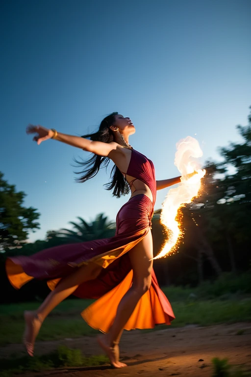 ((best quality)), ((masterpiece)), (detailed), ((best quality)), ((masterpiece)), (detailed), long exposure photo of a sexy tall girl as African dancer in motion, full body, wilderness dancer dress, dancing in the moon night, shiny porcelain skin, few animals behind, focus on the girl, soaring the sky, blurred edges, (low angle)++, below view, slow shutter speed motion photography, whirl dust trail behind, shot on FujiFilm XT4 camera f/2. ISO 200, dynamic motion, cinematic movement, blurry edges, super detailed, perfect face, perfect motion, side view, best quality, dust trail along the motion with a fire element transition movement of color background