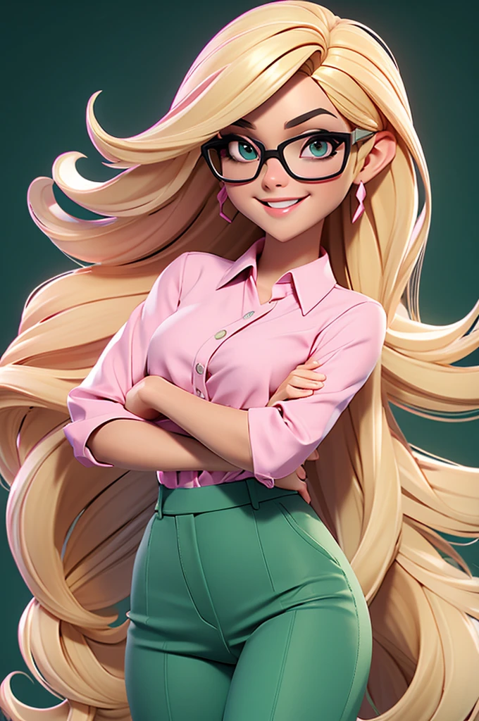 Create a character of a stunning woman. blond, fine and long hair, white skin tone, eyes black, Square-shaped prescription glasses, thin lips, smiling, Wearing a pink blouse and green pants.
