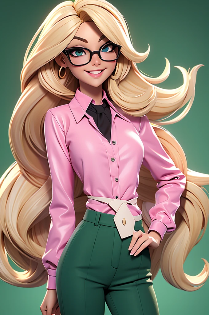 Create a character of a stunning woman. blond, fine and long hair, white skin tone, eyes black, Square-shaped prescription glasses, thin lips, smiling, Wearing a pink blouse and green pants.