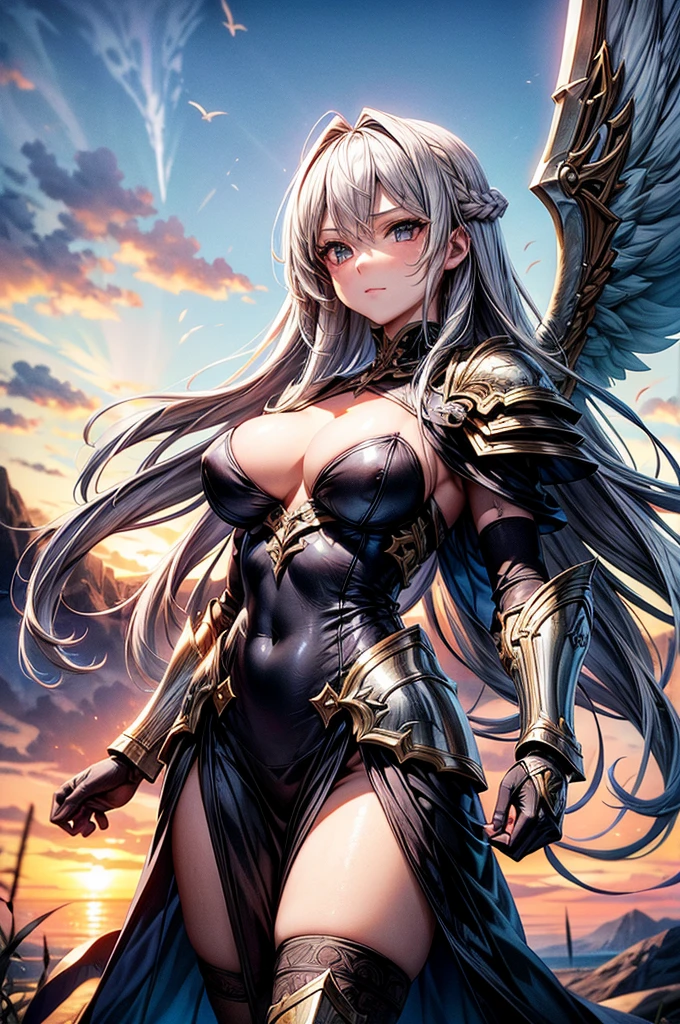 female archangel prepared for battle, an extremally beautiful warrior valkyre, ultra feminine, long hair, blond hair, braided hair, wearing divine heavy armor, cleavage, big breasts, (white armor: 1.2), (angel wings: 1.2) spread, aremed with fantasy sword, sword covered with blue fire, posing for a picture, flying high in the sky, open wings, showing whole body, flying body, zoomed out, sky environment, sunset, 16k, RAW, ultra wide shot, photorealism, depth of field, hyper realistic, 2.5 rendering