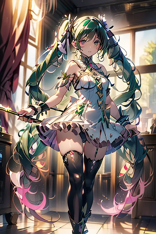 (masterpiece), (best quality), detailed,
1 girl, soro, twintails, long wavy hair twintails.hairs between eyes,dark green eyes ,dark green hair, (magical girl:1.2),
bow, dress, (pink:0.6), over legwear, boots, too many frills, too many bow, standing,striped panties.magical stick, mechanical stick, magic cercle, frying,