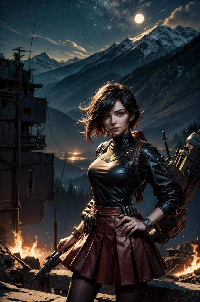 (masterpiece, best quality:1.2), cowboy shot, solo, dynamic pose, 1girl, ruby rose, looking at viewer, t-shirt, red skirt, pantyhose, standing with crowd in city ruins on hill, overlooking valley, (crowd in military uniforms) BREAK night, stars, moon, snow, BREAK mountains in background, waterfall, vehicle wreck, bonfires, post-apocalypse, dystopian future,