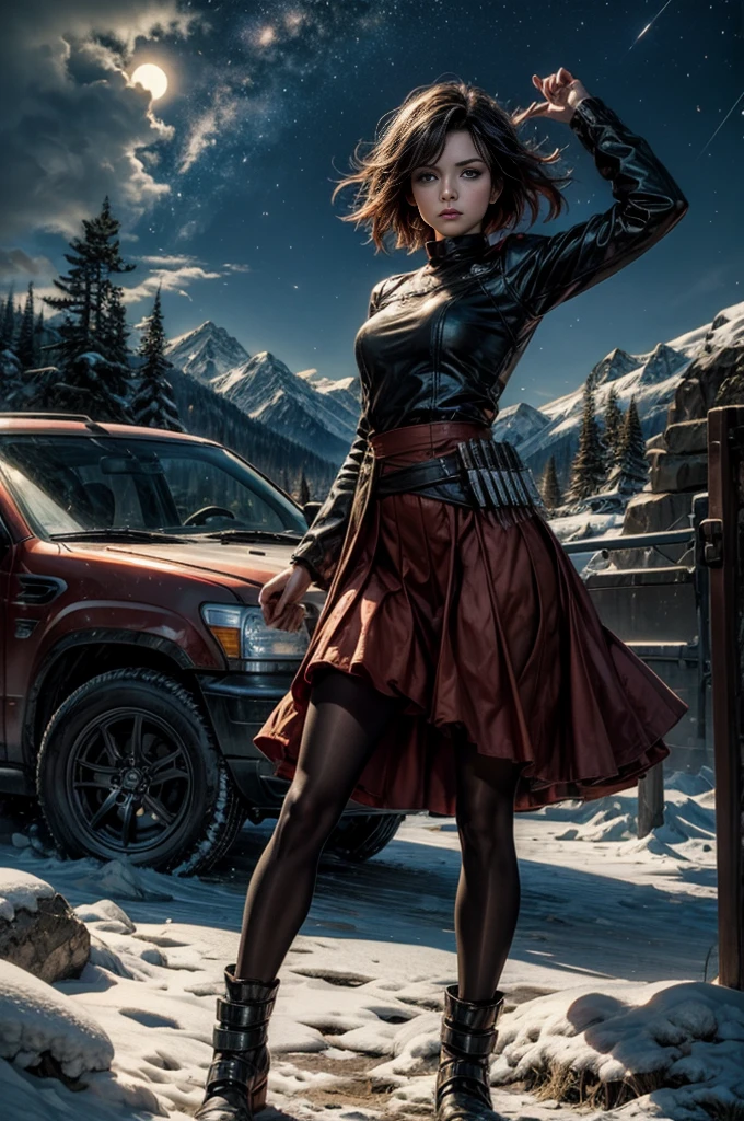 (masterpiece, best quality:1.2), cowboy shot, solo, dynamic pose, 1girl, ruby rose, looking at viewer, t-shirt, red skirt, pantyhose, standing with crowd in city ruins on hill, overlooking valley, (crowd in military uniforms) BREAK night, stars, moon, snow, BREAK mountains in background, waterfall, vehicle wreck, bonfires, post-apocalypse, dystopian future,