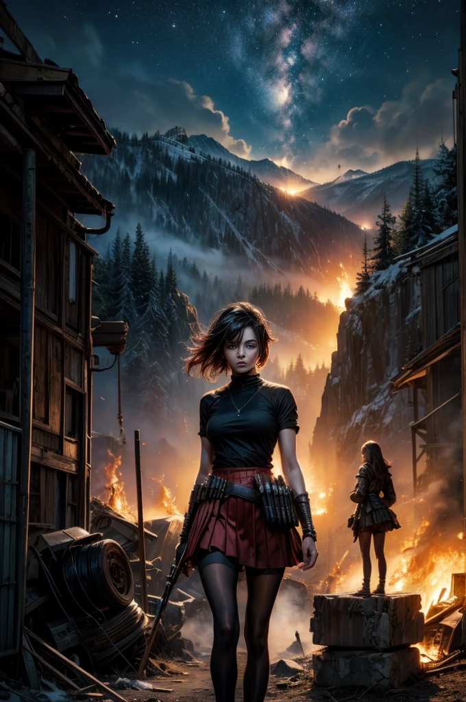 (masterpiece, best quality:1.2), cowboy shot, solo, dynamic pose, 1girl, ruby rose, looking at viewer, t-shirt, red skirt, pantyhose, standing with crowd in city ruins on hill, overlooking valley, (crowd in military uniforms) BREAK night, stars, moon, snow, BREAK mountains in background, waterfall, vehicle wreck, bonfires, post-apocalypse, dystopian future,