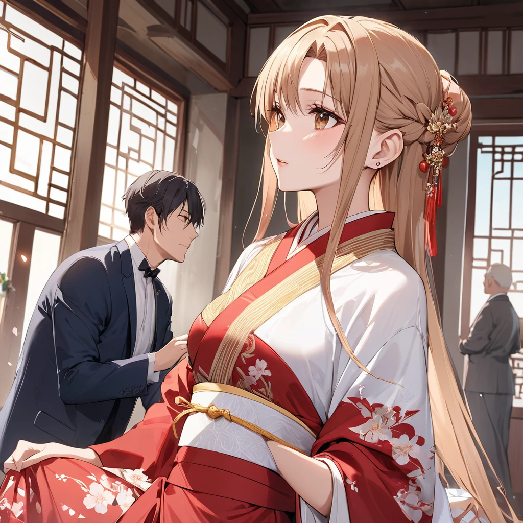 ((Highest quality)), ((masterpiece)), (detailed), （Perfect Face）、The woman was Yuuki Asuna, with her light brown, medium-long hair tied up in a bun. She was wearing a gorgeous red wedding kimono with gold embroidery and trim, and was adorned with gorgeous accessories and an engagement ring.、The woman is having a grand wedding with a handsome and dignified middle-aged Chinese man.