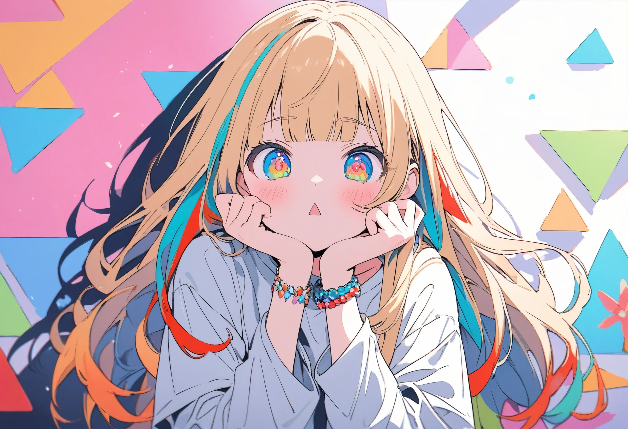 ((Masterpiece)), ((best quality)), (flat color), (flat shading), (super detail:1.2), (High Definition:1.3), ((extremely detailed)), (8K), (Professional Photography:1.2), (very aesthetic:1.2), (absurdres:1.2), (sharp focus), (perfect light), (drop shadow), ((12 years old)), cute young Girl, Glossy straight hair, (loose blunt bangs), blonde hair with red, ((red streaked hair)), highlights hair, ((face with raised eyebrow)), (glitter eyes), long hair, big eyes, colorful eyes, (Beautiful Jewel eyes), blush, ((triangle mouth)), cute cheeks, glossy lips, BREAK, ((best quality)), Fine gemstone bracelet, (Oversized loose thin T-shirt), exposed bare left shoulder, ((Place both hands on the cheeks)), (colorful), cute makeup, ((against the Colorful pastel wall)), cute, (Beautiful lily painting),