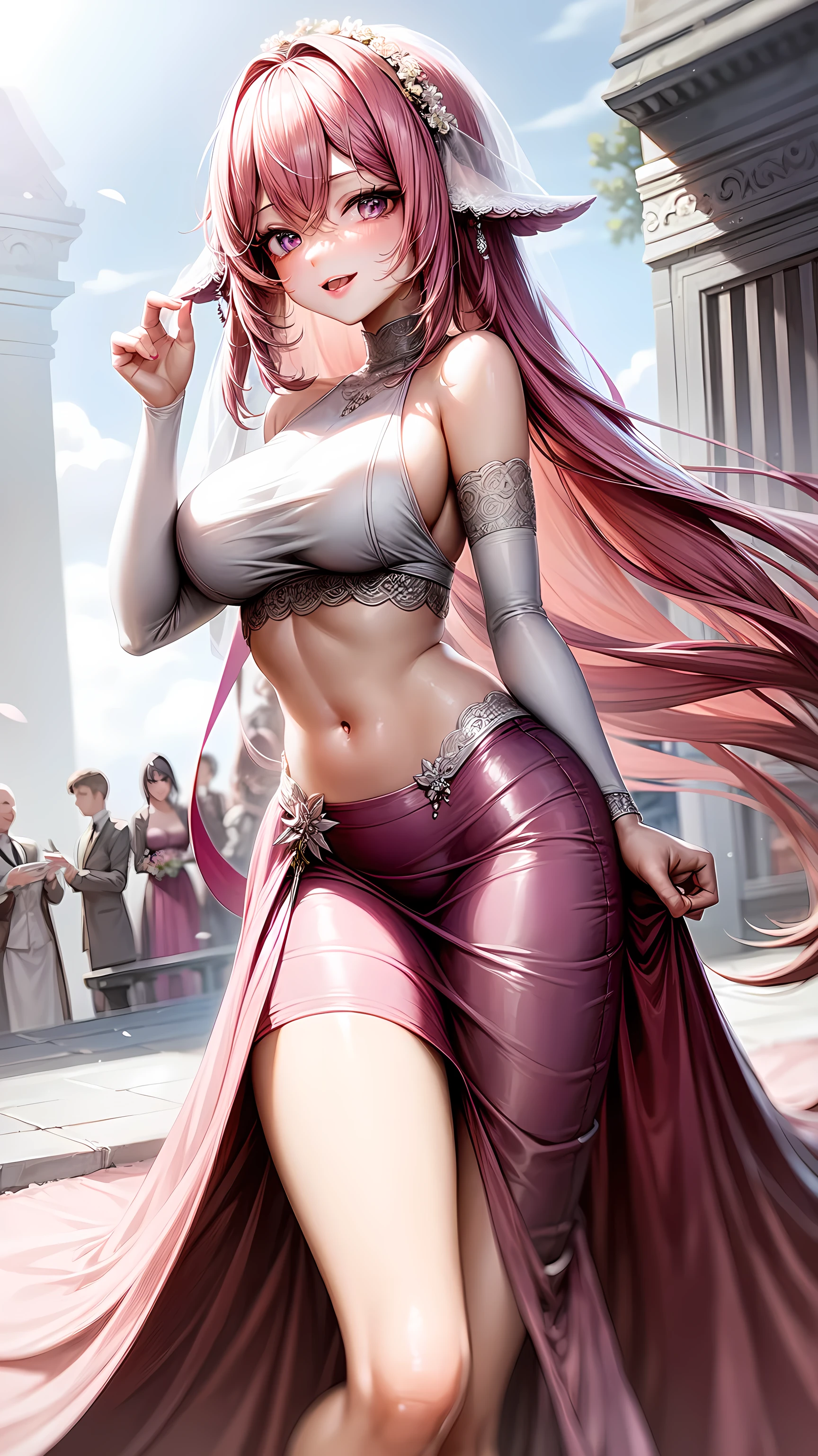 purple eyes,Wedding dress,long skirt,crop top,pink hair