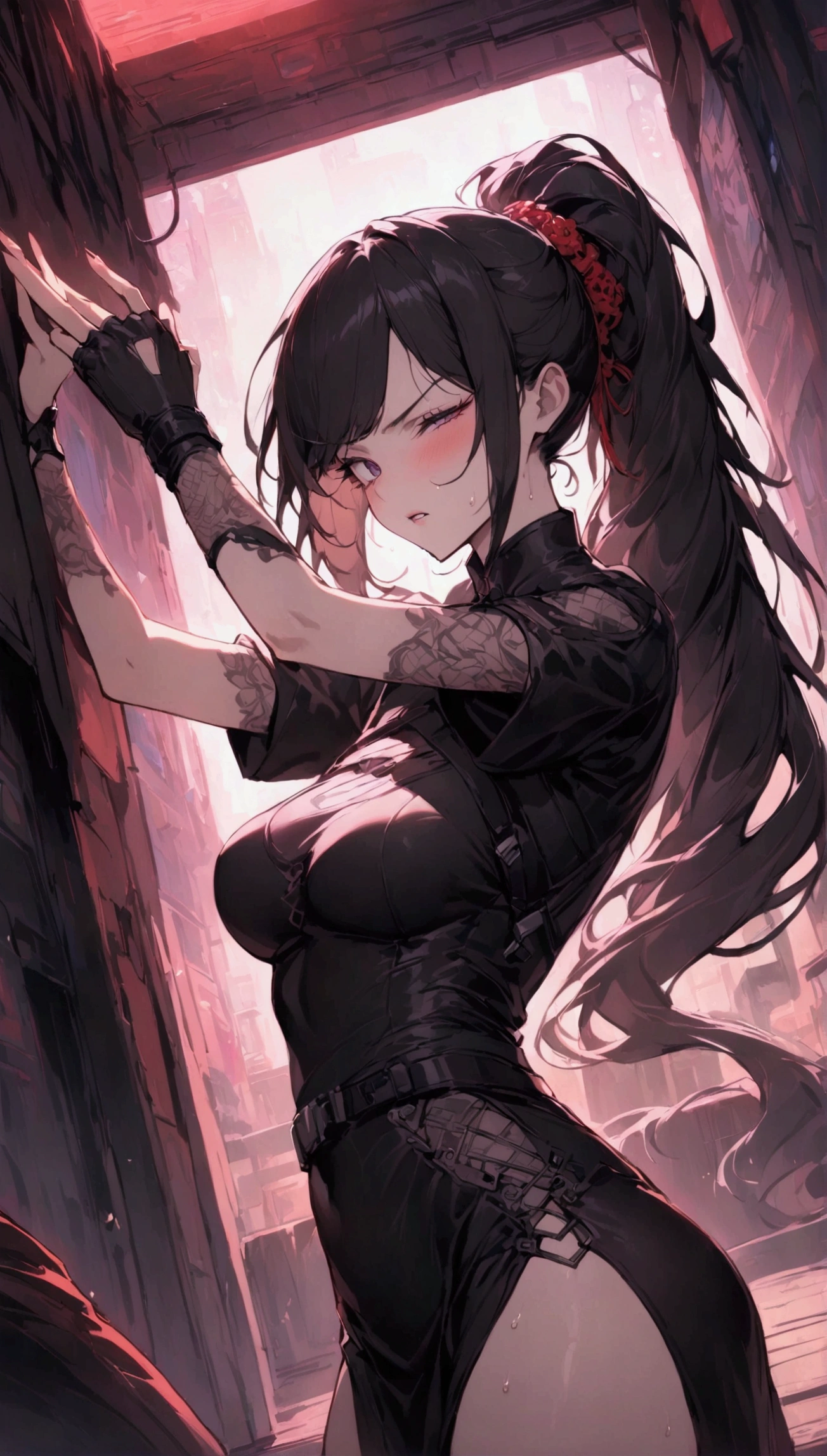 Dynamic composition,dutch angle,from side,{{masterpiece}}, {{{Highest quality}}},{{Very detailed}},{{Fight}},{{fighting stance:1.6}},{{critical situation:1.6}},{{hold down one's stomach with one's hands:1.6}},1girl,30years old,{Mature Woman}},cyberpunk,{{RED Chinese clothing:1.2}},Red short sleeves Chinese dress,pelvic curtain,black stockings,belt,black fingerless gloves,Lace arm covers,holster,{{Grit your teeth:1.4}},one eye closed, ,{{v-shaped eyebrows}},Bad mood,blush,Sweat,raise one's eyebrows ,{{View your viewers}}、 long hair ,Blunt bangs ,in a ponytail.abdominal pain ,{{pain}},Inside the dojo,indoor