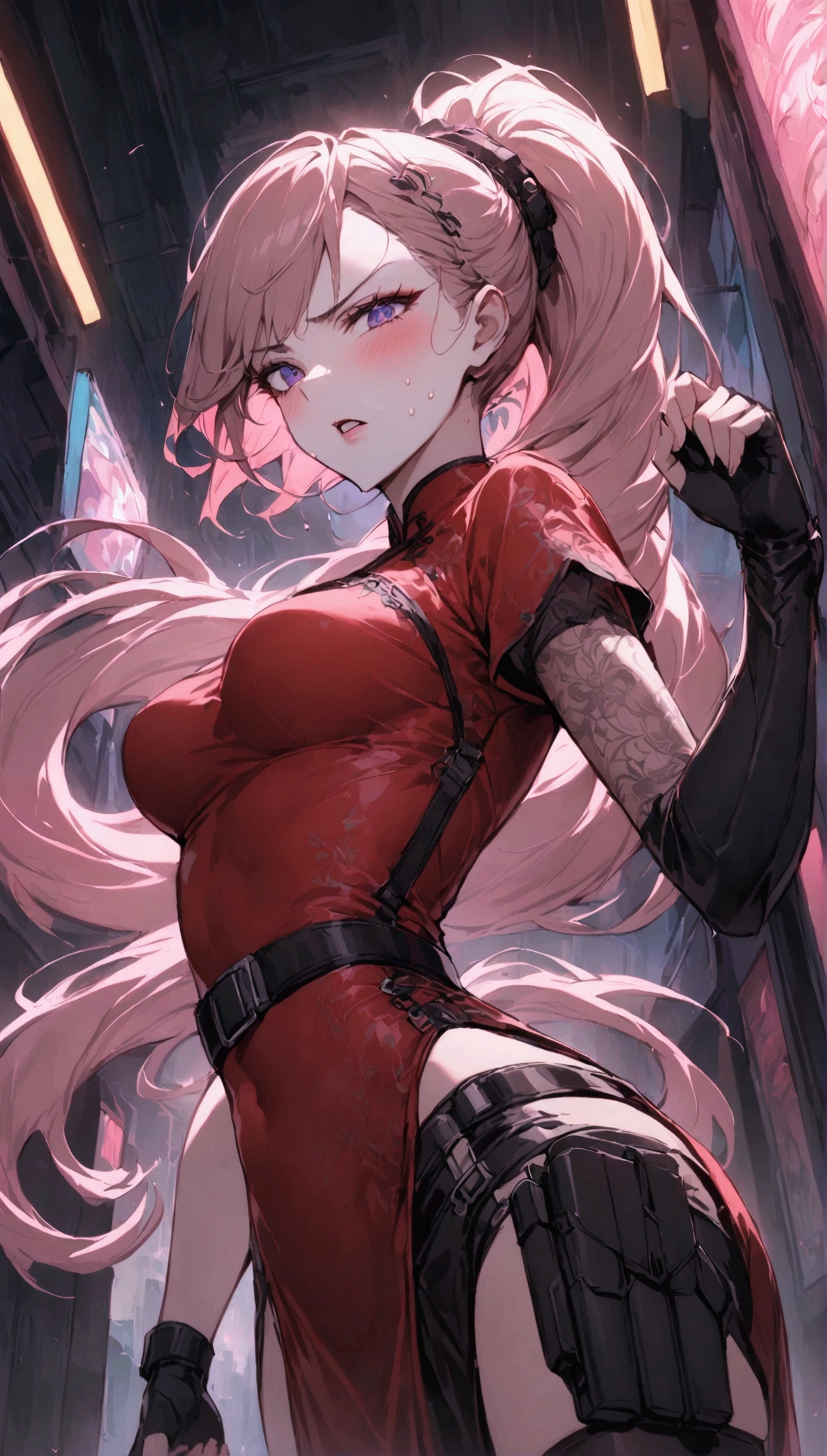 Dynamic composition,dutch angle,from side,{{masterpiece}}, {{{Highest quality}}},{{Very detailed}},{{Fight}},{{fighting stance:1.6}},{{critical situation:1.6}},{{hold down one's stomach with one's hands:1.6}},1girl,30years old,{Mature Woman}},cyberpunk,{{RED Chinese clothing:1.2}},Red short sleeves Chinese dress,pelvic curtain,black stockings,belt,black fingerless gloves,Lace arm covers,holster,{{Grit your teeth:1.4}},one eye closed, ,{{v-shaped eyebrows}},Bad mood,blush,Sweat,raise one's eyebrows ,{{View your viewers}}、Very long long hair in a ponytail.abdominal pain ,{{pain}},Inside the dojo,indoor