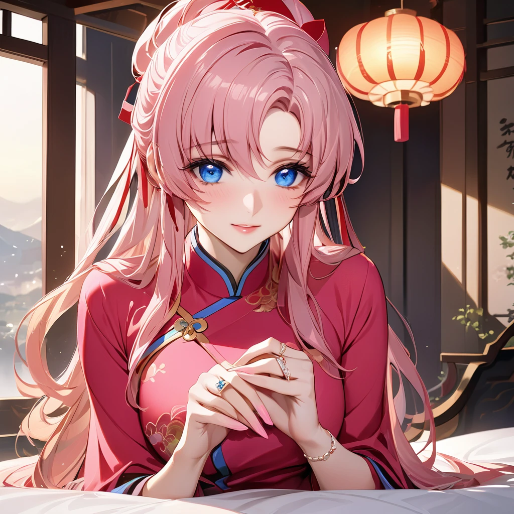 ((Highest quality)), ((masterpiece)), (detailed), (Perfect Face)、The woman is Lacus Clyne, who is married to a Chinese man, and is an ordinary Chinese woman with blue eyes, pink, medium-long hair, and an engagement ring.、The woman is dressed in typical Chinese clothing.