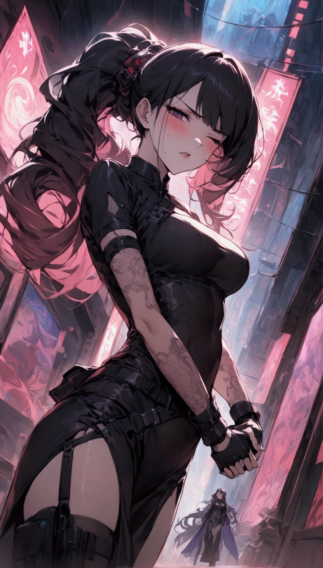 Dynamic composition,dutch angle,from side,{{masterpiece}}, {{{Highest quality}}},{{Very detailed}},{{Fight}},{{fighting stance:1.6}},{{critical situation:1.6}},{{hold down one's stomach with one's hands:1.6}},1girl,30years old,{Mature Woman}},cyberpunk,{{RED　Chinese clothing:1.2}},Red　short sleeves Chinese dress,pelvic curtain,black stockings,belt,black fingerless gloves,Lace arm covers,holster,{{Grit your teeth:1.4}},one eye closed,　,{{v-shaped eyebrows}},Bad mood,blush,Sweat,raise one's eyebrows　,{{View your viewers}}、Very long long hair in a ponytail．abdominal pain ,{{pain}},Inside the dojo,indoor