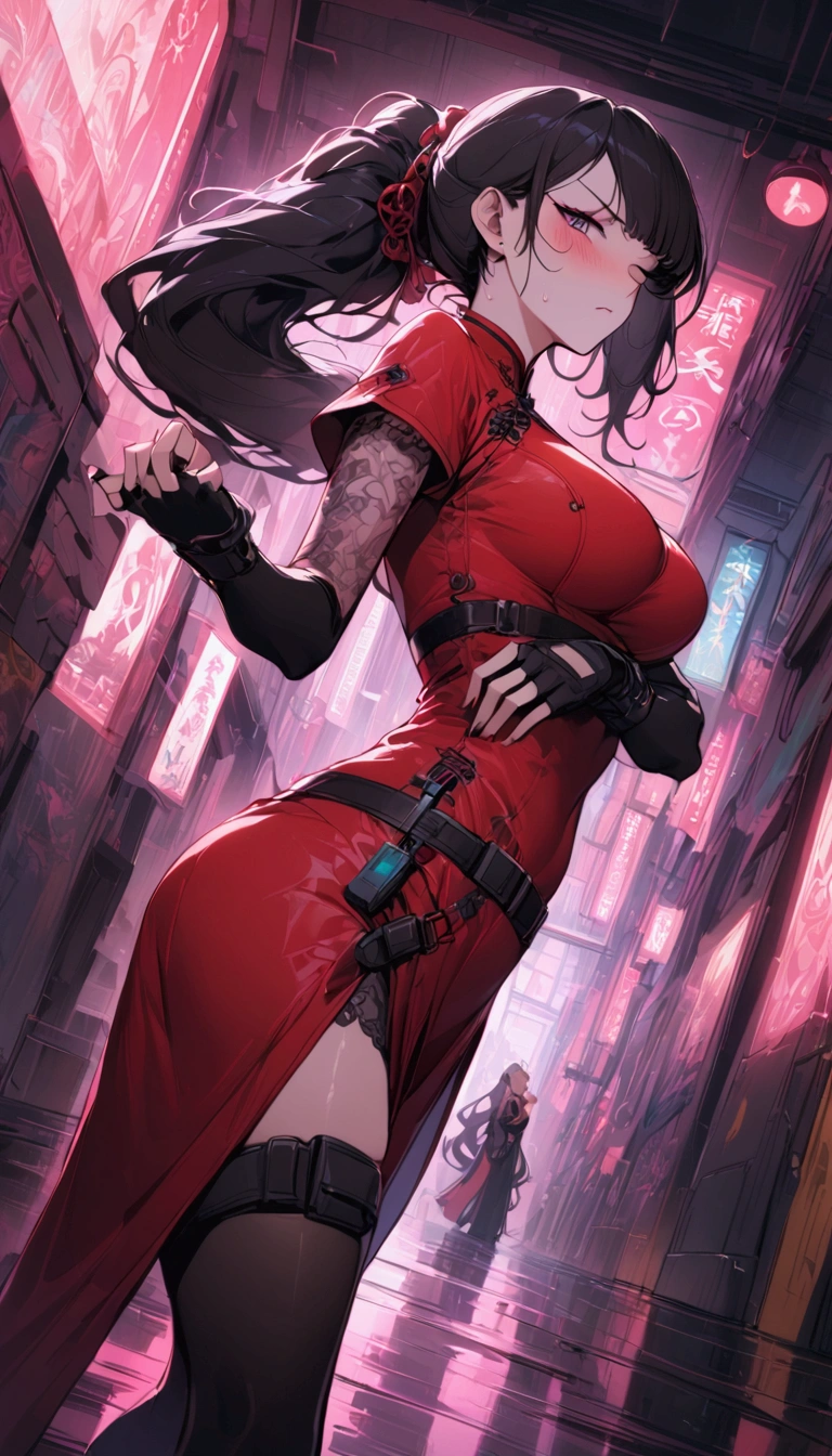 Dynamic composition,dutch angle,from side,{{masterpiece}}, {{{Highest quality}}},{{Very detailed}},{{Fight}},{{fighting stance:1.6}},{{critical situation:1.6}},{{hold down one's stomach with one's hands:1.6}},1girl,30years old,{Mature Woman}},cyberpunk,{{RED　Chinese clothing:1.2}},Red　short sleeves Chinese dress,pelvic curtain,black stockings,belt,black fingerless gloves,Lace arm covers,holster,{{Grit your teeth:1.4}},one eye closed,　,{{v-shaped eyebrows}},Bad mood,blush,Sweat,raise one's eyebrows　,{{View your viewers}}、Very long long hair in a ponytail．abdominal pain ,{{pain}},Inside the dojo,indoor