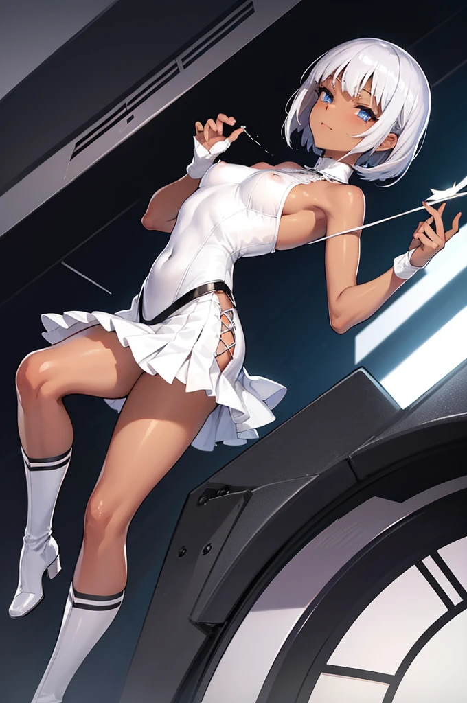 beautiful silver hair, very short hair, Blue eyes, hair band, blunt bangs, Woman with dark skin, sunburnt, slim waist, Street circuit of Monte Carlo, Racer, Promoter girl, Advertising costumes are exquisitely tailored, paying close attention to detail, nipples are visible, lace-up boots, Short sleeve, Knee length, Baring your shoulders, Medium Asymmetrical Pleated Nylon Skirt, medium breast, smile, Small parts, sexy pose, Enchanting pose, arched back, shot in the chest, nipples are visible, Rubber