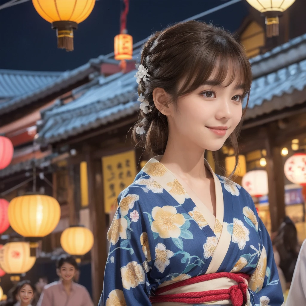 Draw a detailed and realistic portrait of a beautiful young Japanese woman。She has long light brown hair、The large, expressive light brown eyes are impressive.。
Summer Festival Night、Beautiful Japanese woman walking down a street lined with colorful lanterns。She is wearing a traditional Japanese yukata.、The yukata has a white floral design on a blue background.、The collar is tightly crossed、The obi is wide and sturdy, and tied in the traditional way.。Her hair is tied up in a cool updo。Smiling and looking around the festival stalls。In the background, fireworks are bursting into the summer night sky.、Flowers of light are blooming。。