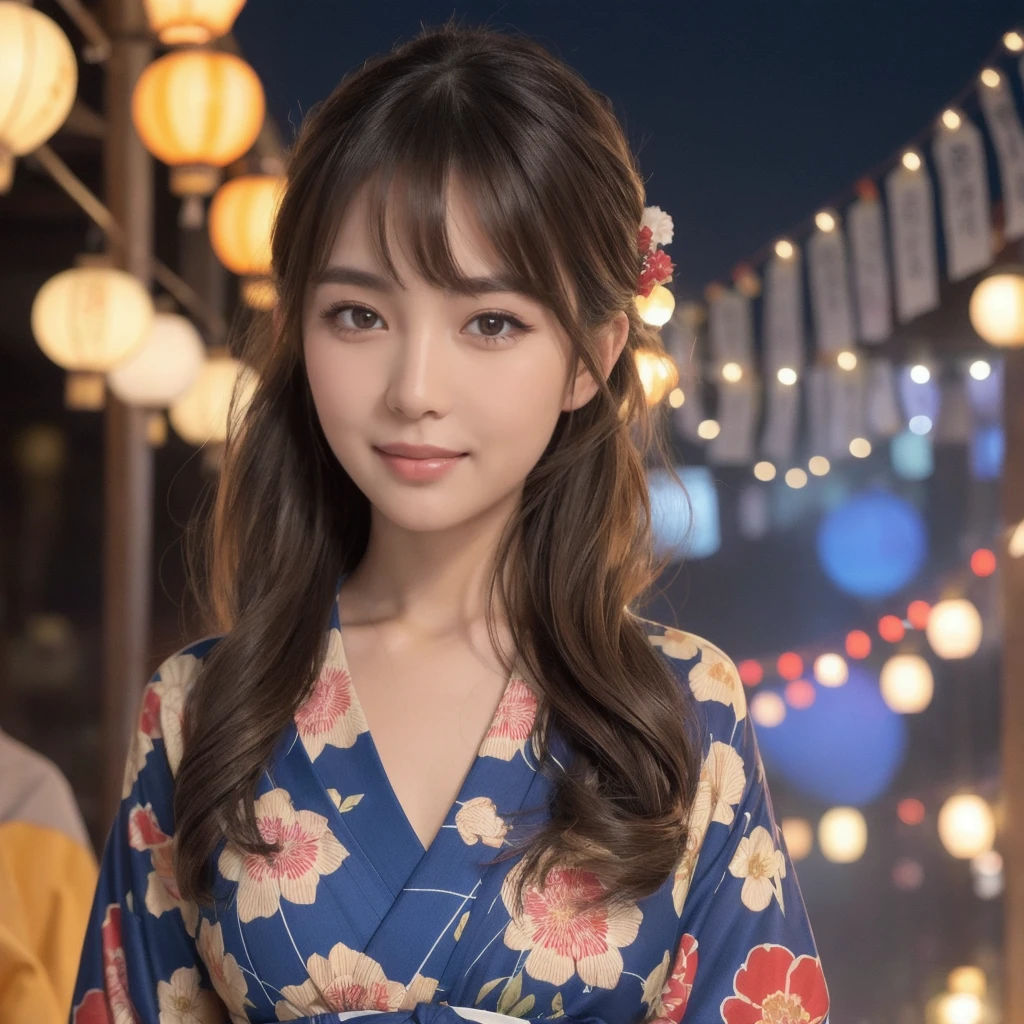 Draw a detailed and realistic portrait of a beautiful young Japanese woman。She has long light brown hair、The large, expressive light brown eyes are impressive.。
Summer Festival Night、Beautiful Japanese woman walking down a street lined with colorful lanterns。She is wearing a traditional Japanese yukata.、The yukata has a white floral design on a blue background.、The collar is tightly crossed、The obi is wide and sturdy, and tied in the traditional way.。Her hair is tied up in a cool updo。Smiling and looking around the festival stalls。In the background, fireworks are bursting into the summer night sky.、Flowers of light are blooming。。