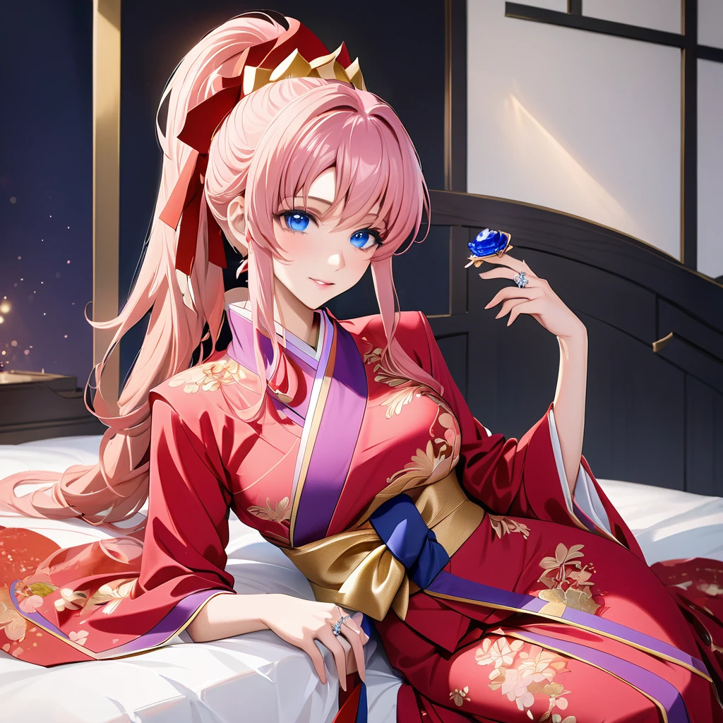 ((Highest quality)), ((masterpiece)), (detailed), (Perfect Face)、The woman is Lacus Clyne, with blue eyes and semi-long pink hair tied up in a ponytail. She is dressed in a gorgeous red wedding kimono with gold embroidery and trim, and is adorned with gorgeous accessories and an engagement ring.、The woman is having a grand wedding with a handsome and dignified middle-aged Chinese man.