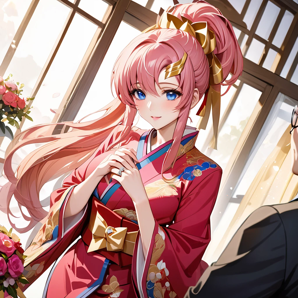 ((Highest quality)), ((masterpiece)), (detailed), (Perfect Face)、The woman is Lacus Clyne, with blue eyes and semi-long pink hair tied up in a ponytail. She is dressed in a gorgeous red wedding kimono with gold embroidery and trim, and is adorned with gorgeous accessories and an engagement ring.、The woman is having a grand wedding with a handsome and dignified middle-aged Chinese man.