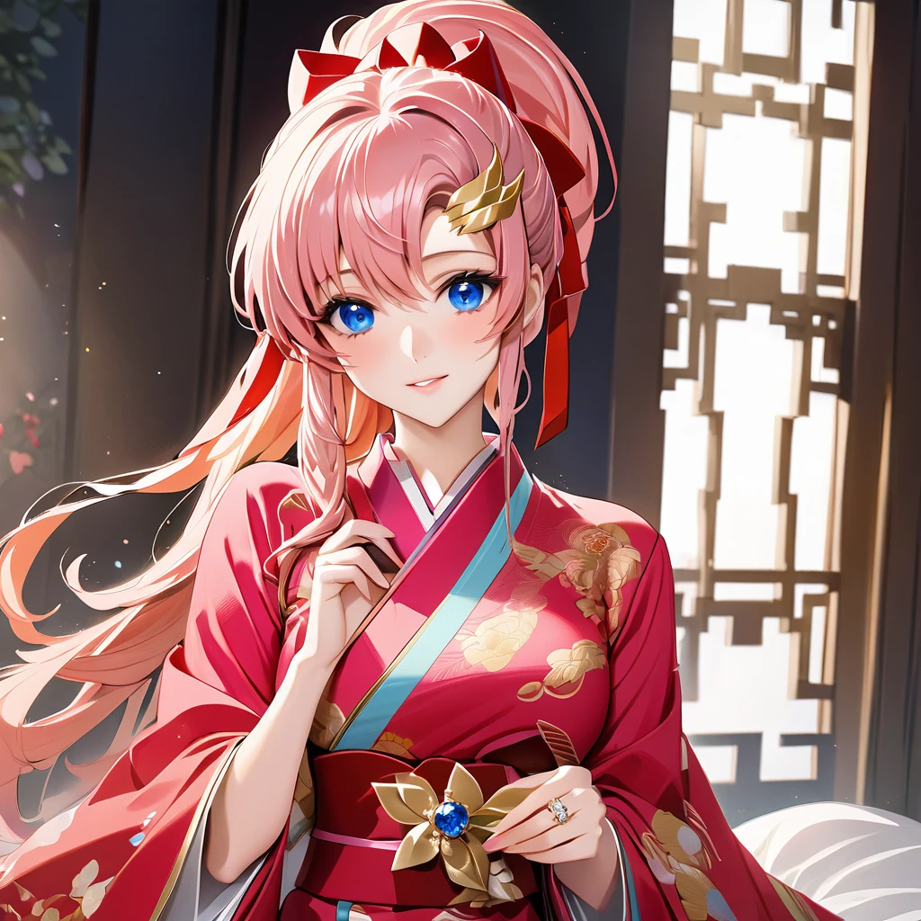 ((Highest quality)), ((masterpiece)), (detailed), （Perfect Face）、The woman is Lacus Clyne, with blue eyes and semi-long pink hair tied up in a ponytail. She is dressed in a gorgeous red wedding kimono with gold embroidery and trim, and is adorned with gorgeous accessories and an engagement ring.、The woman is having a grand wedding with a handsome and dignified middle-aged Chinese man.