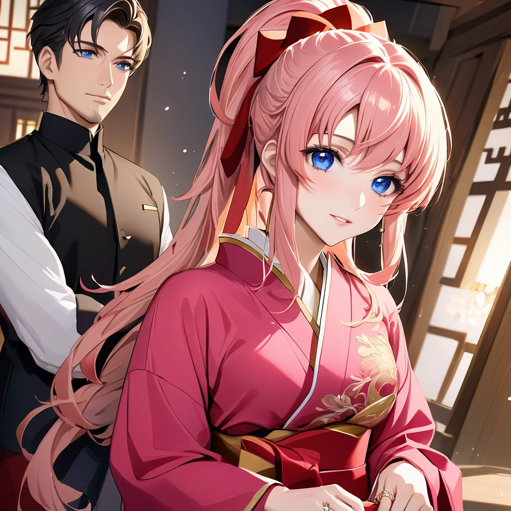 ((Highest quality)), ((masterpiece)), (detailed), （Perfect Face）、The woman is Lacus Clyne, with blue eyes and semi-long pink hair tied up in a ponytail. She is dressed in a gorgeous red wedding kimono with gold embroidery and trim, and is adorned with gorgeous accessories and an engagement ring.、The woman is having a grand wedding with a handsome and dignified middle-aged Chinese man.
