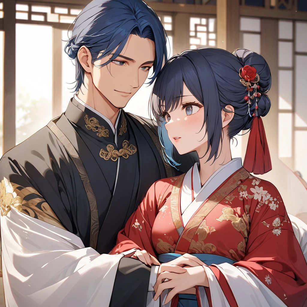((Highest quality)), ((masterpiece)), (detailed), (Perfect Face)、The woman, Akane Kurokawa, has short, blue bob hair tied up in a bun, is wearing a gorgeous red wedding Hanfu with gold embroidery and trim, and is lavishly dressed with gorgeous accessories and an engagement ring.、The woman is having a grand wedding with a handsome and dignified middle-aged Chinese man.