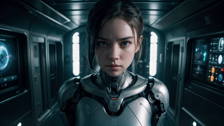 full length photo, sci-fi theme, 18 year old girl, tiny electronic implants, action shot, spaceship, galaxy, stars, shallow depth of field, (real skin, textured skin, intricately detailed eyes, detailed lips:1.1), sharp focus, 16K, digital, (subsurface scattering:0.9)