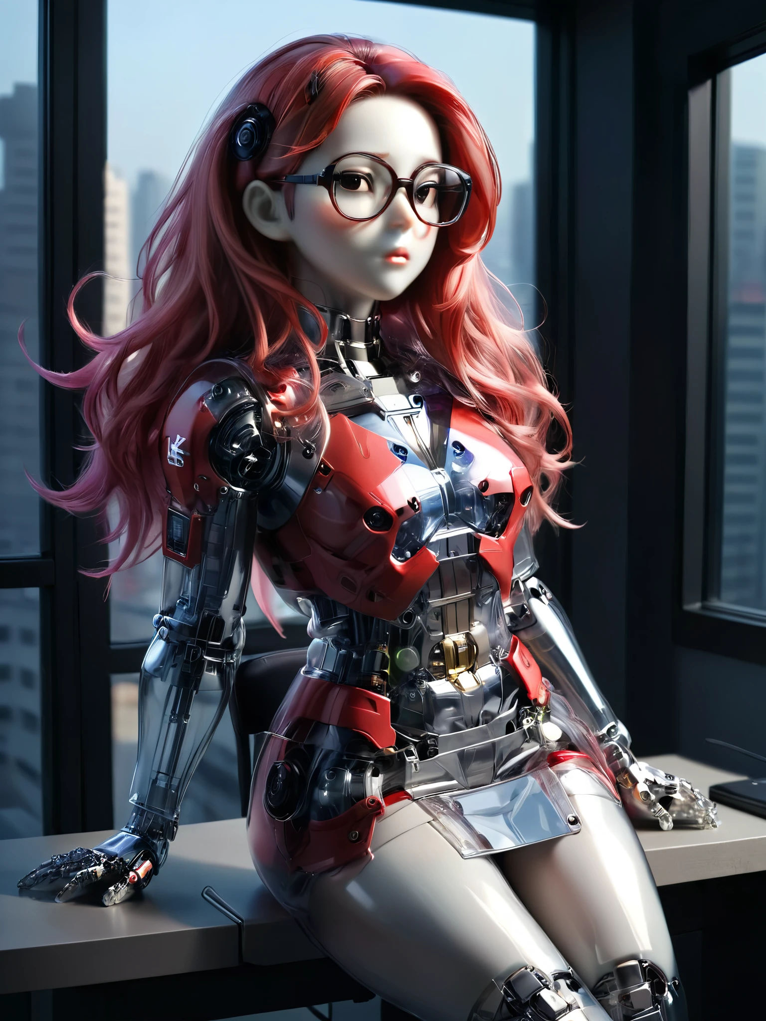 Transparent Robot, Transparent Mecha, Sexy woman with long messy hair, Wearing glasses, tight skirt and pantyhose, Red nose, Half-closed eyes, Open your mouth, Spread your legs,  sitting at a desk in a dark office room, A wall of windows showing the streetscape outside the pa at night 