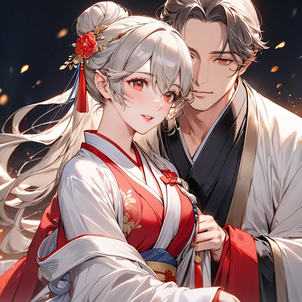 ((Highest quality)), ((masterpiece)), (detailed), (Perfect Face)、The woman has her medium-long silver hair tied up in a bun, is wearing a gorgeous red wedding Hanfu with gold embroidery and trim, and is lavishly dressed with gorgeous accessories and an engagement ring.、The woman is having a grand wedding with a handsome and dignified middle-aged Chinese man.