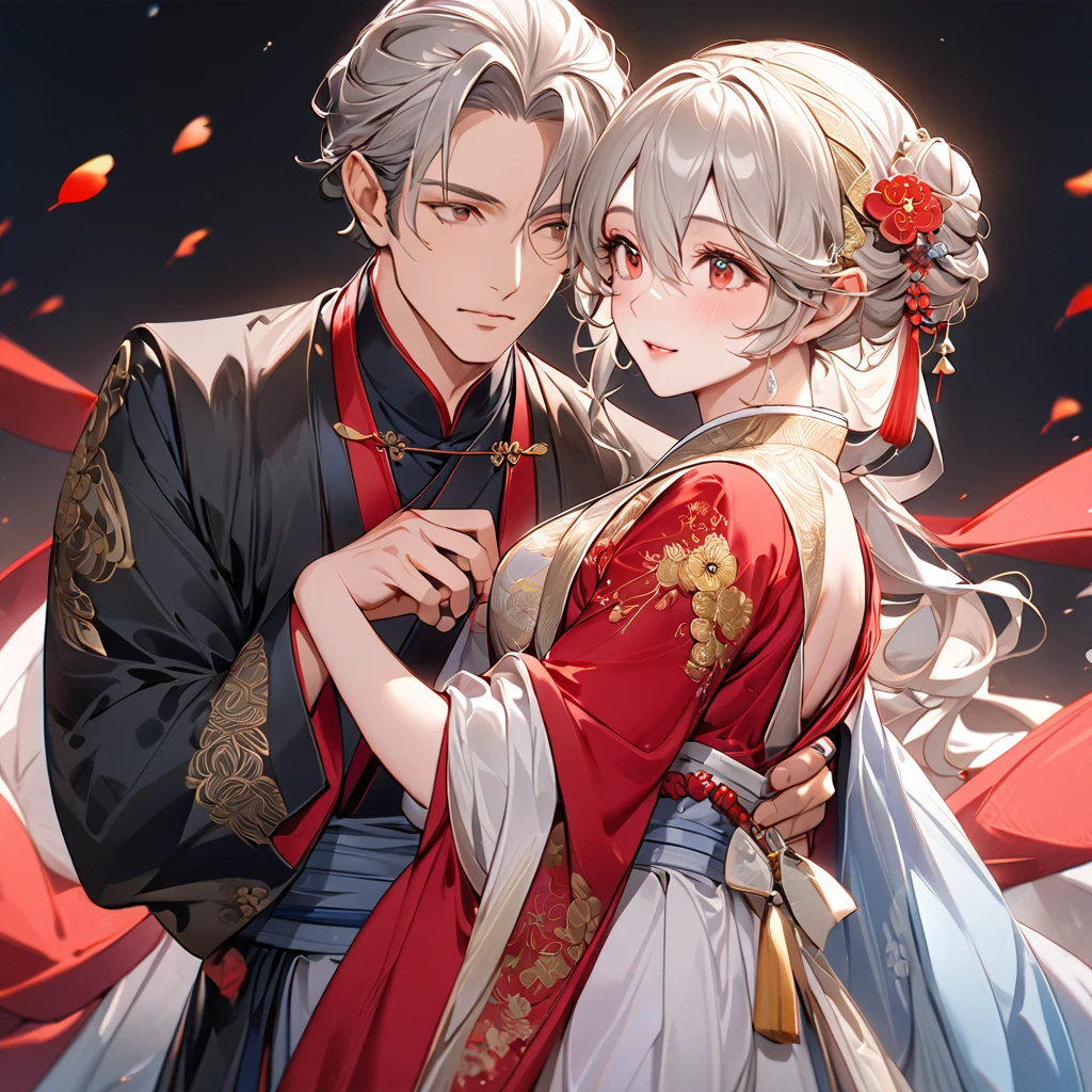 ((Highest quality)), ((masterpiece)), (detailed), （Perfect Face）、The woman has her medium-long silver hair tied up in a bun, is wearing a gorgeous red wedding Hanfu with gold embroidery and trim, and is lavishly dressed with gorgeous accessories and an engagement ring.、The woman is having a grand wedding with a handsome and dignified middle-aged Chinese man.