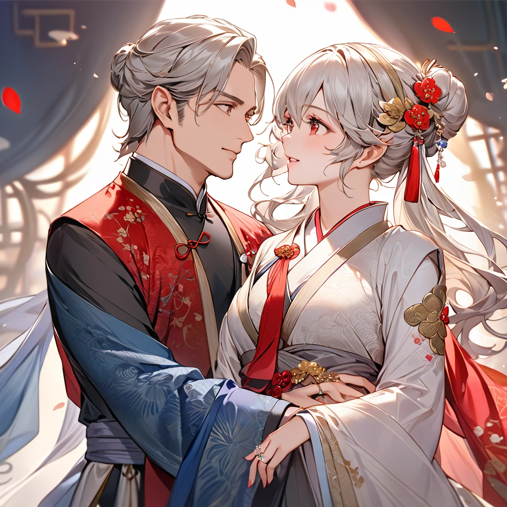 ((Highest quality)), ((masterpiece)), (detailed), （Perfect Face）、The woman has her medium-long silver hair tied up in a bun, is wearing a gorgeous red wedding Hanfu with gold embroidery and trim, and is lavishly dressed with gorgeous accessories and an engagement ring.、The woman is having a grand wedding with a handsome and dignified middle-aged Chinese man.
