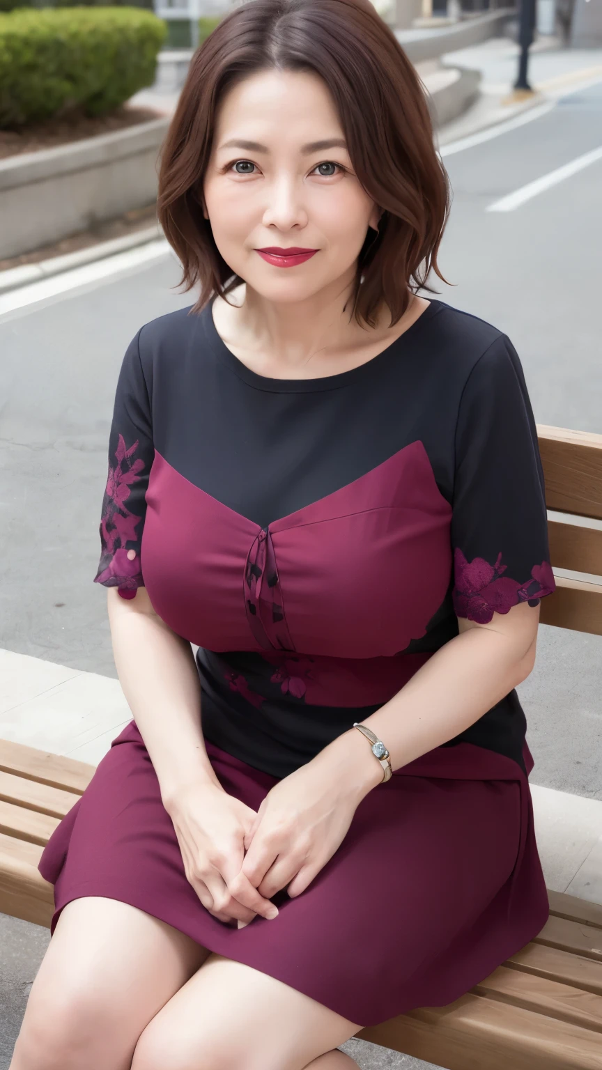 sitting on a park bench, Wrinkles around the eyes, Smiling with teeth showing, Plain short-sleeved clothing, senior citizen, Draw lips correctly, Red lipstick, No discomfort, 16K, Highest quality, Very detailed, Realistic, Very detailed肌, Japanese, alone, 60 years old, Large Breasts, , Glamour, sexy, , Staring straight ahead,
