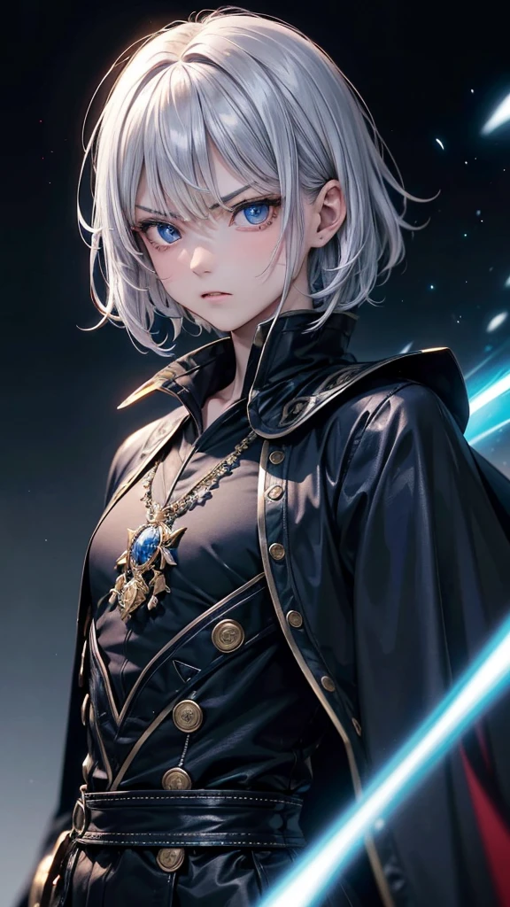 (Highest quality,Very detailed,High resolution:1.2),One adult male,Silver Hair,The most beautiful young man in human history,(1 photo from the front),Dark blue eyes (Dark blue eyes:1.1),さみし気なaura(aura:1.1),(mysterious,Ghostly:1.1) atmosphere,Looks like half a demon,(Demonic traits,Demonic traits),(Elaborate,wonderful) ,Strong Body、Shortcuts、Use magic、auraが漂う、Cape、Stocky physique、Confident expression、Very short hair、The bangs are swept to the side、Permed hair、Sharp eyes、Angry expression、Has a glowing blue fireball、Emits a flash of light from the body、Are standing、((Very angry))