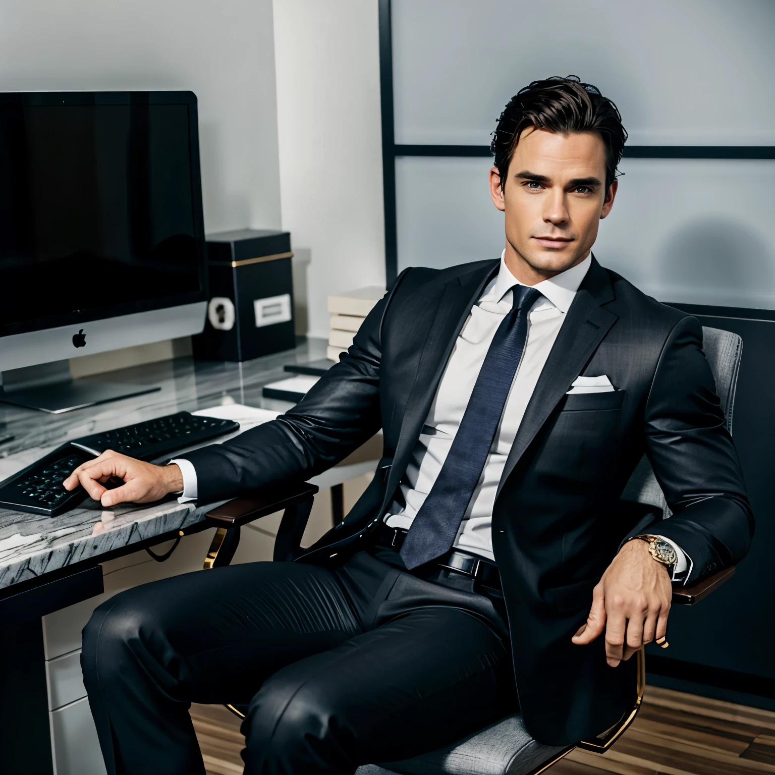 A photo of male actor Matt Bomer. In a dimly lit office room with a grey marble floor, Matt Bomer sits facing us in a black leather boss chair that’s positioned in front of a black wood and grey metal frame desk. Matt is wearing dark navy blue suit pants with a sharp crease down the center, a black leather dress belt with a brass buckle, a crisp white dress shirt, black sheer socks and fine black dress shoes, golden ring