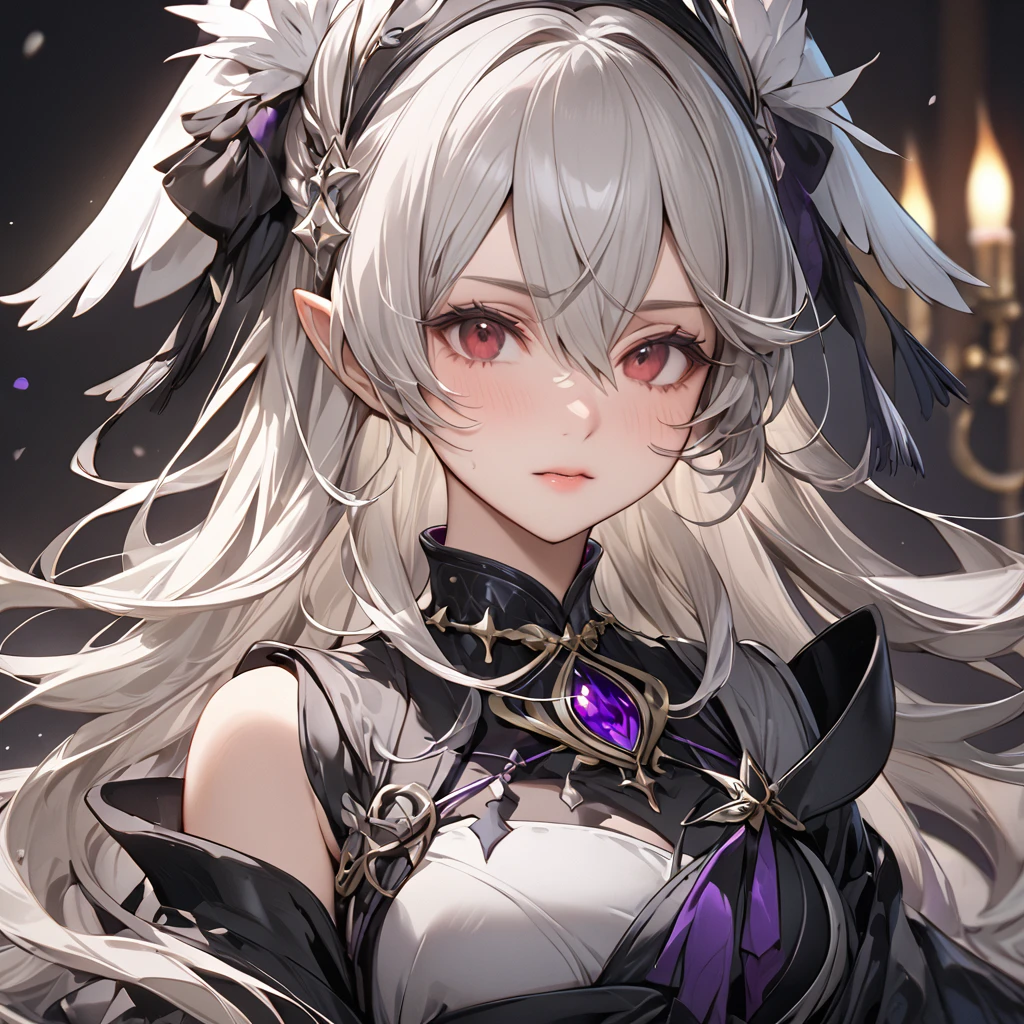 ((Highest quality)), ((masterpiece)), (detailed), （Perfect Face）、The woman is Kamui, a dark princess with medium-long silver hair.