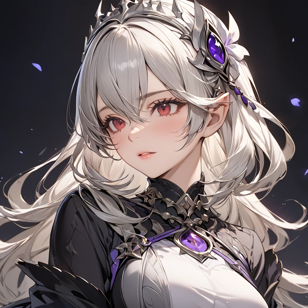 ((Highest quality)), ((masterpiece)), (detailed), （Perfect Face）、The woman is Kamui, a dark princess with medium-long silver hair.