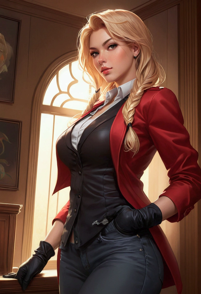 a close up of a woman in a red jacket and black pants, style artgerm, extremely detailed artgerm, in the style artgerm, artgerm style, style ivan talavera and artgerm, style of artgerm, alena aenami and artgerm, artgerm. high detail, graphic artist artgerm, tight jeans, beautiful face, blush cheeks, visible cameltoe