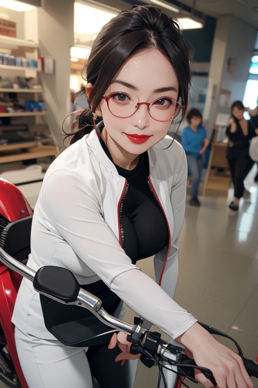 A calm and mature 55 year old Japanese woman, Beautiful Wife, Delicate features, Long eyelashes, Sparkling eyes, Wearing glasses, Low Ponytail, Red lipstick, Rosy Cheeks, Heavy makeup, elegant, Large Breasts, Big Breasts, Candid pose, motorcycle, motorcycleにまたがる, bicycle, Rider Suit, photo shoot, whole body, wallpaper, (Highest quality,8k,High resolution,masterpiece:1.2),