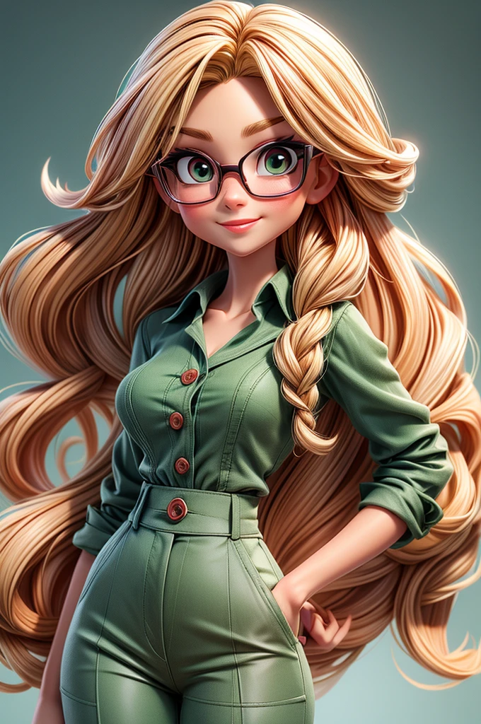 Create a character of a stunning woman. blond, fine and long hair, white skin tone, eyes black, Square-shaped prescription glasses, thin lips, smiling, Wearing a pink blouse and green pants.
