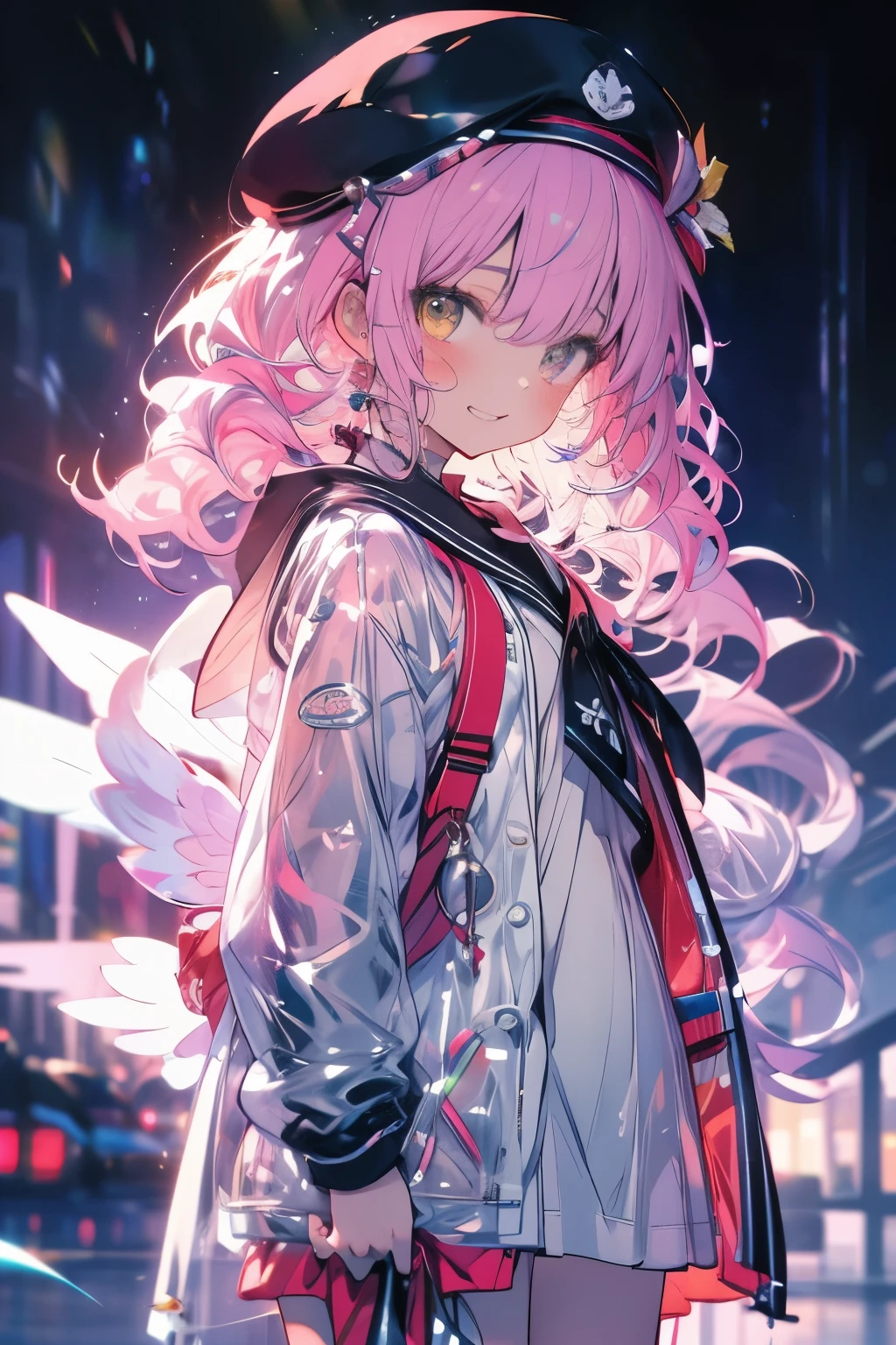 masterpieces.((Highest quality)), ((masterpiece)), (detailed), One girl, Pink Hair、Long Hair、Fair skin、White dresasterpiece、smile、Yellow Eyes、Anime Girls, 魅惑的なAnime Girls, Small curves , Beautiful and attractive anime teen, Highest rated on pixiv, Pixiv 3DCG, 非常にdetailed,、Young Girl、Virgins、Sailor suit、beret