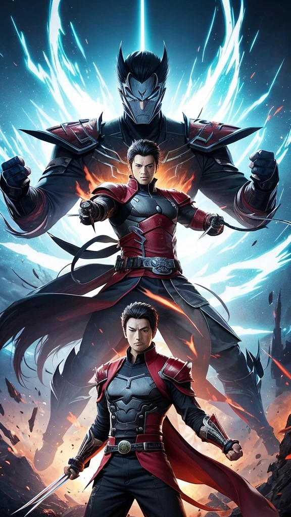 Create an anime-style image of an RPG character, young adult, Cao Cao, bonitas, stark, with wolverine-like flaming claws, and who wears a black symbiote samurai armor that covers the character's entire body, the wire has details of a dragon, your hair is red and your eyes are red.