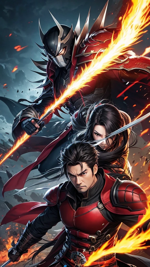 Create an anime-style image of an RPG character, young adult, Cao Cao, bonitas, stark, with wolverine-like flaming claws, and who wears a black symbiote samurai armor that covers the character&#39;s entire body, the wire has details of a dragon, your hair is red and your eyes are red.