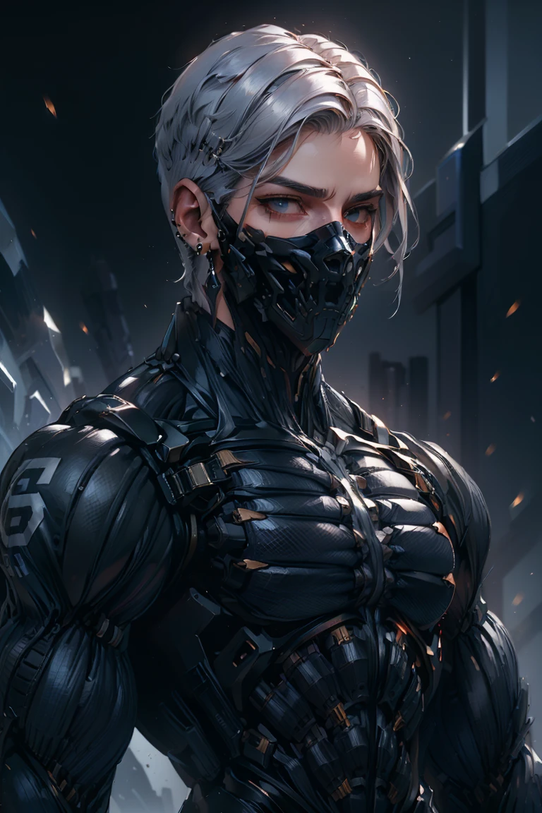 {Best Quality, 8k, Masterpiece}, (Realistic), [[Male]], [[White Hair]], ((Middle Part Haircut)), (Earrings), (Mask)