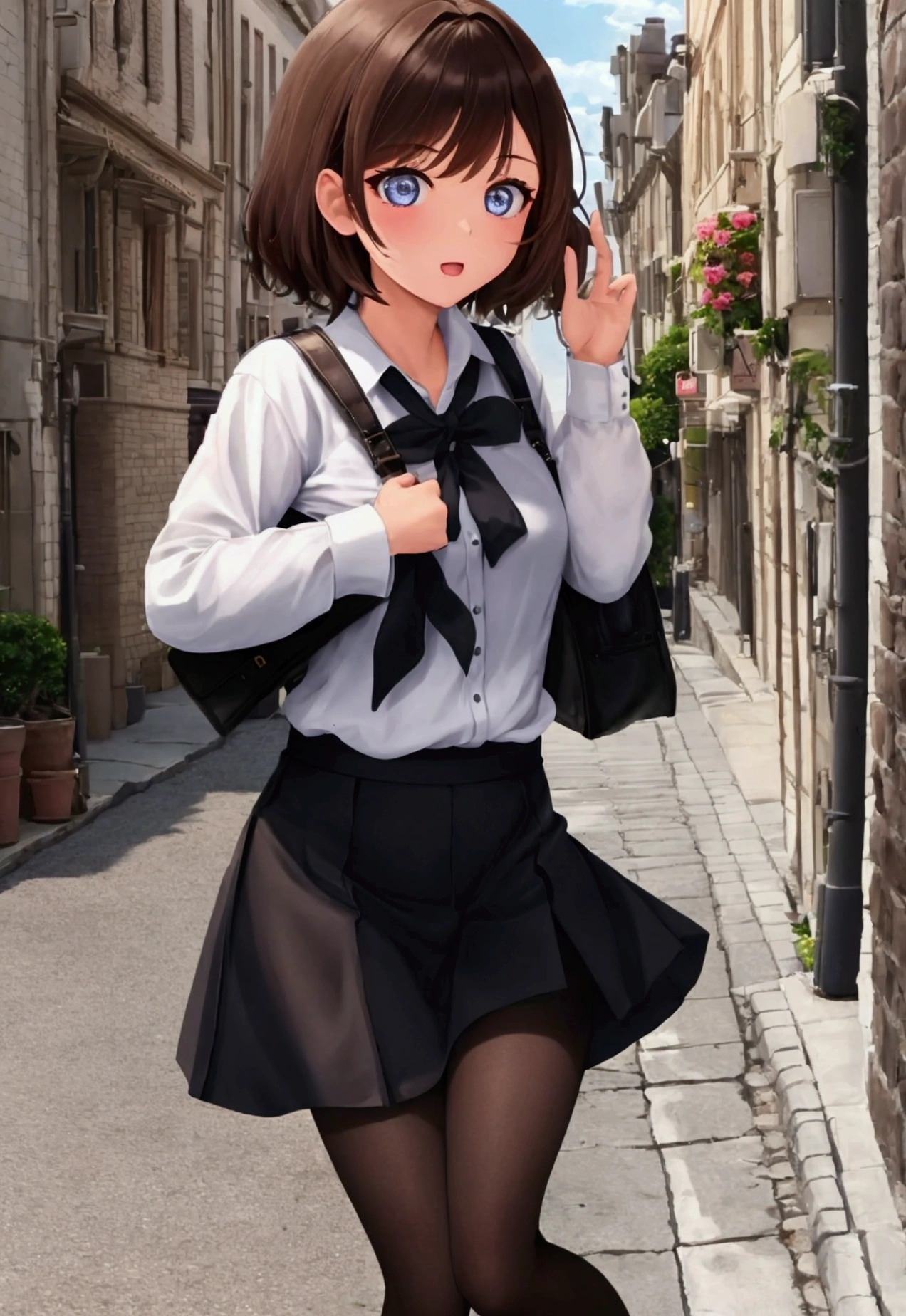 Girl going on an adventure, she has blu eyes and short brown hair, she is wearing a white shirt, black skirt, black tights and brown loafers, she seems very exited