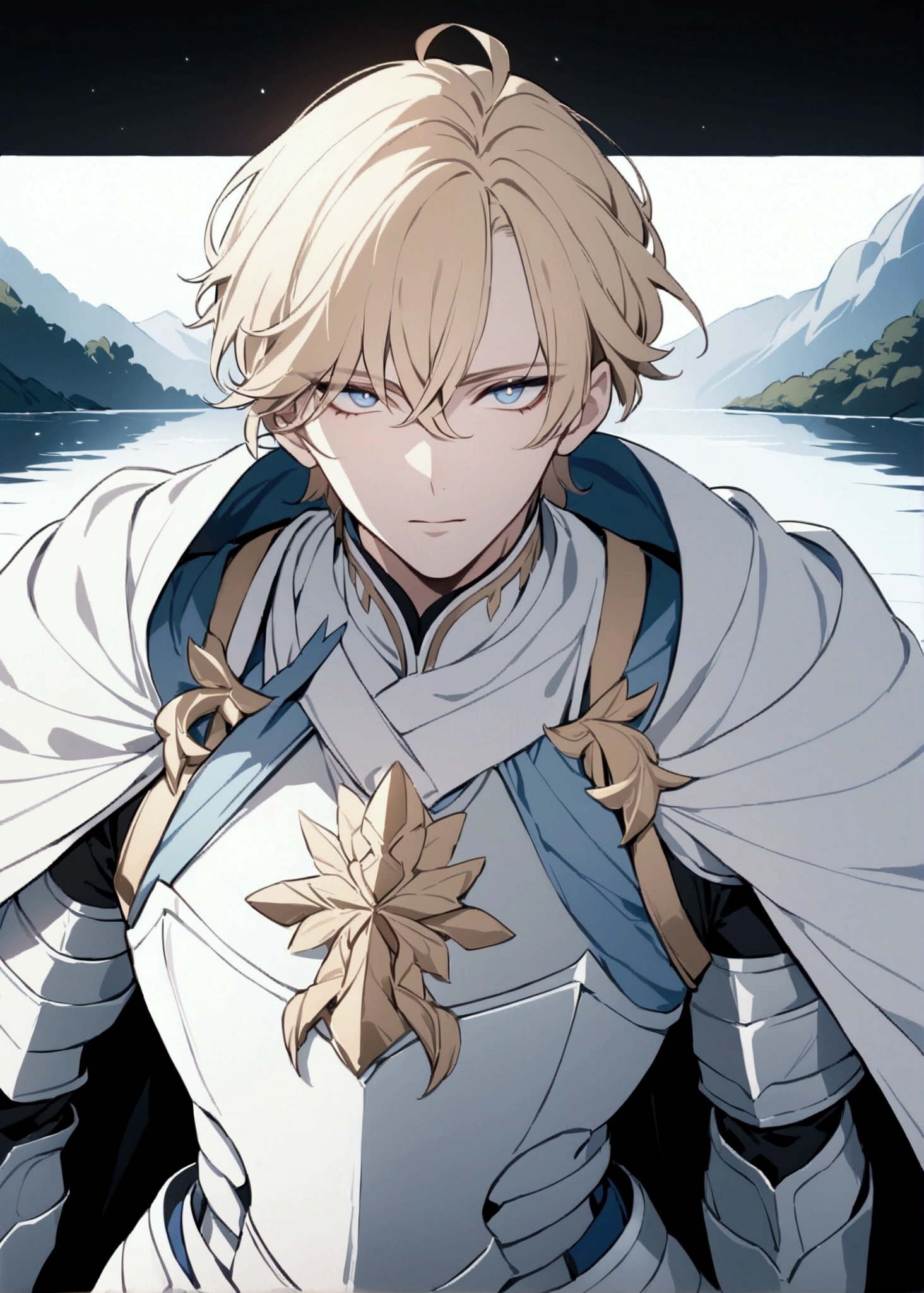 (masterpiece, 32k, 8k, ultra-detailed image) handsome man, 25 years old, serene countenance, short golden hair, deep gray and bright eyes, armor in blue and white tones