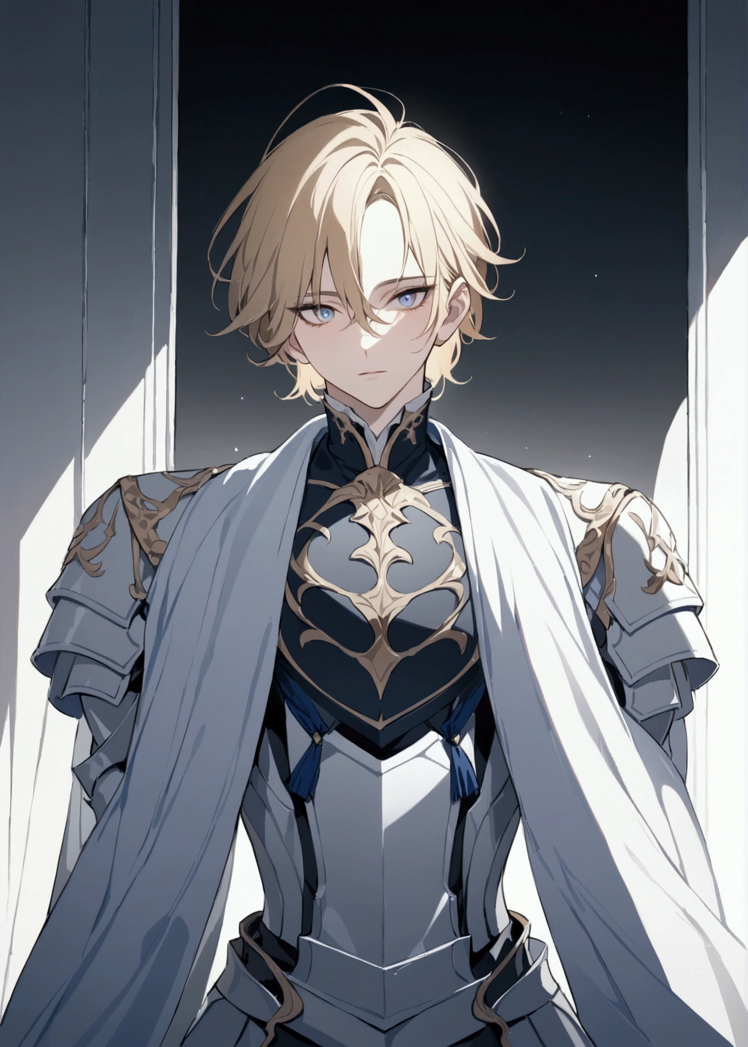 (masterpiece, 32k, 8k, ultra-detailed image) handsome man, 25 years old, serene countenance, short golden hair, deep gray and bright eyes, armor in blue and white tones