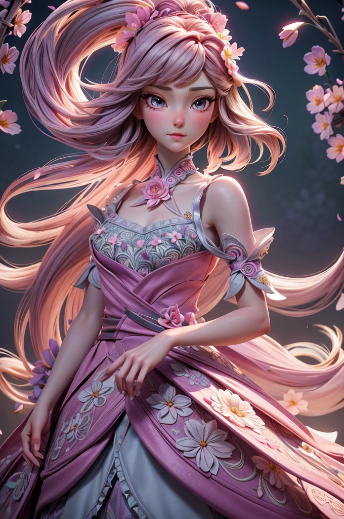 Kyle jenner, long hair Princess Barbie in pretty light pink dress, hires, extremely detaild, detailed back ground, diffuse natural lighting, (field of flowers, flower petals, surrounded by flowers:1.4), (Zentangle, Fractal Art:1.3), (many colors, colorfully:1.1), Facial Focus), seducer, wind blown, aretes, Wear delicate exotic clothes, ((full body shot shot)), 精致的面容, Caucasian skin, Delicate facial features, perfect facial features, delicate hair portrait, delicate representation of the eyes, 8K image quality, a sense of atmosphere, highest quality, Masterpiece artwork, extreme detail, high resolution, blurry foreground, foreshortening, Luminism, cinematic lighting, wide plan, work of art, retinas, texturized skin, anatomically correcte, best qualityer, awardwinning